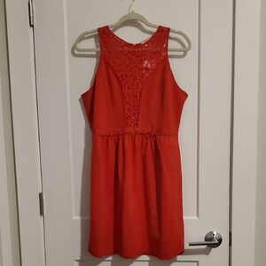 Red Sleeveless Dress With Lace Inset and Zipper Back